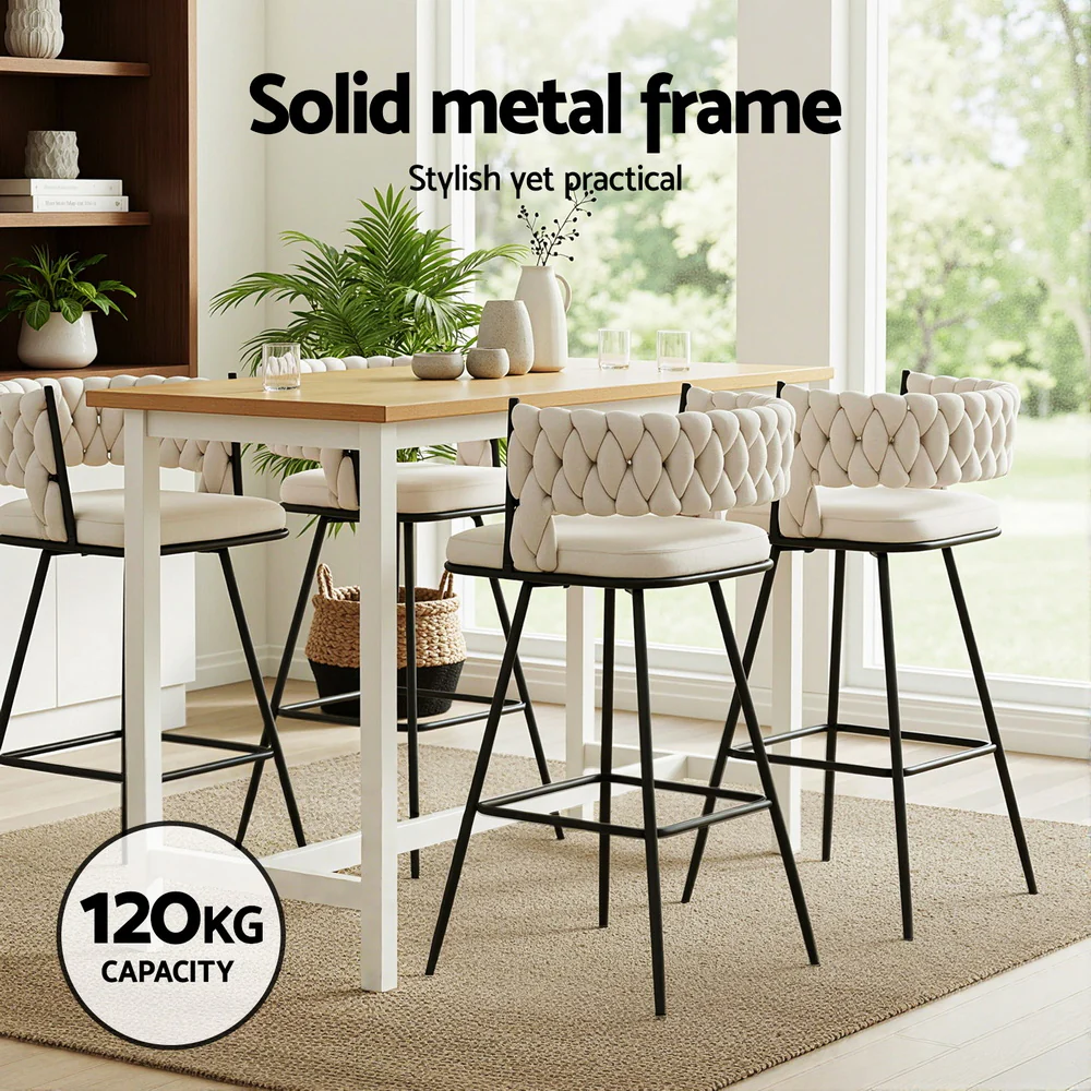 Artiss 2x Bar Stools Kitchen Dining Chair Counter Stool Woven Velvet Metal Ivory - Image 4