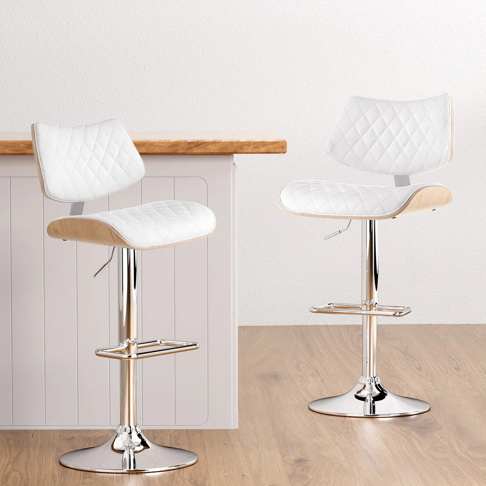 Artiss 2x Bar Stools Kitchen Dining Chairs Gas Lift Stool Wooden Leather White - Image 2