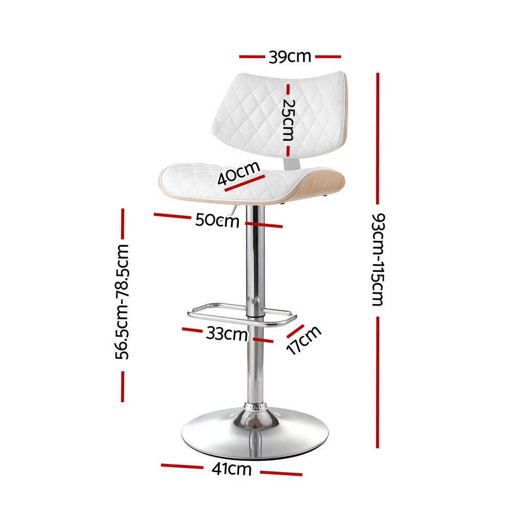 Artiss 2x Bar Stools Kitchen Dining Chairs Gas Lift Stool Wooden Leather White - Image 3