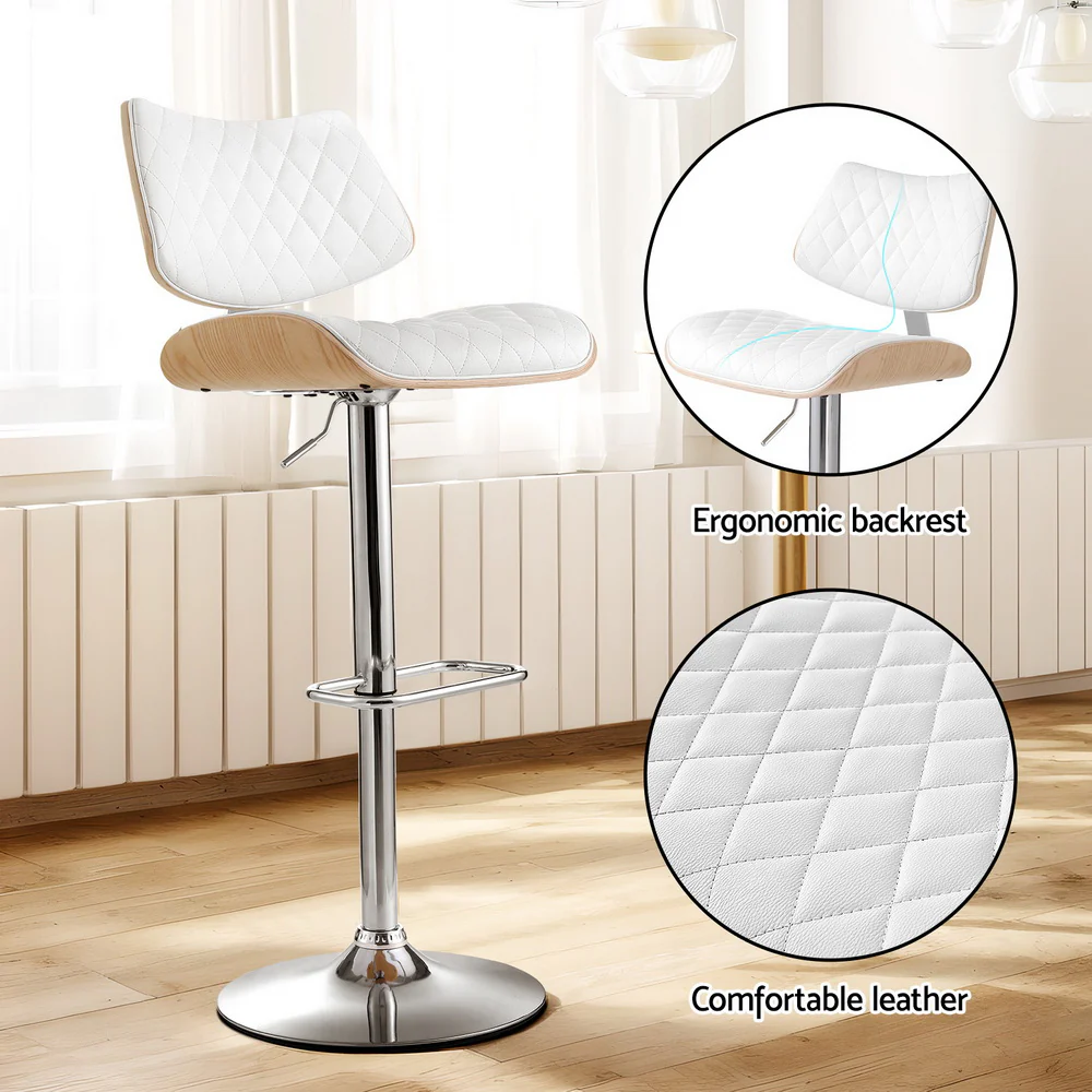 Artiss 2x Bar Stools Kitchen Dining Chairs Gas Lift Stool Wooden Leather White - Image 6