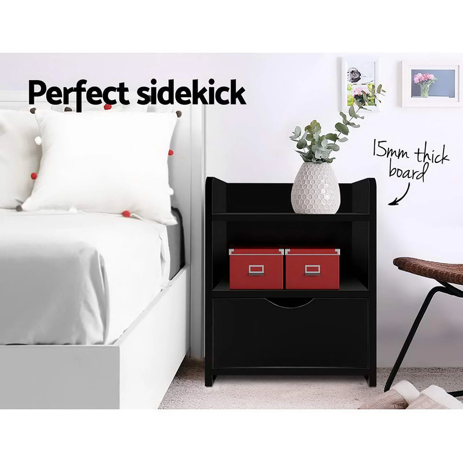 Artiss 2X Bedside Table 1 Drawer with Shelf - FARA Black - Image 3