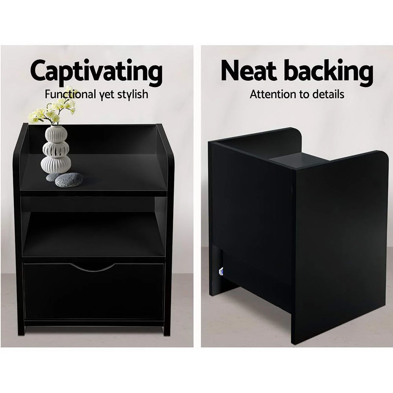 Artiss 2X Bedside Table 1 Drawer with Shelf - FARA Black - Image 4