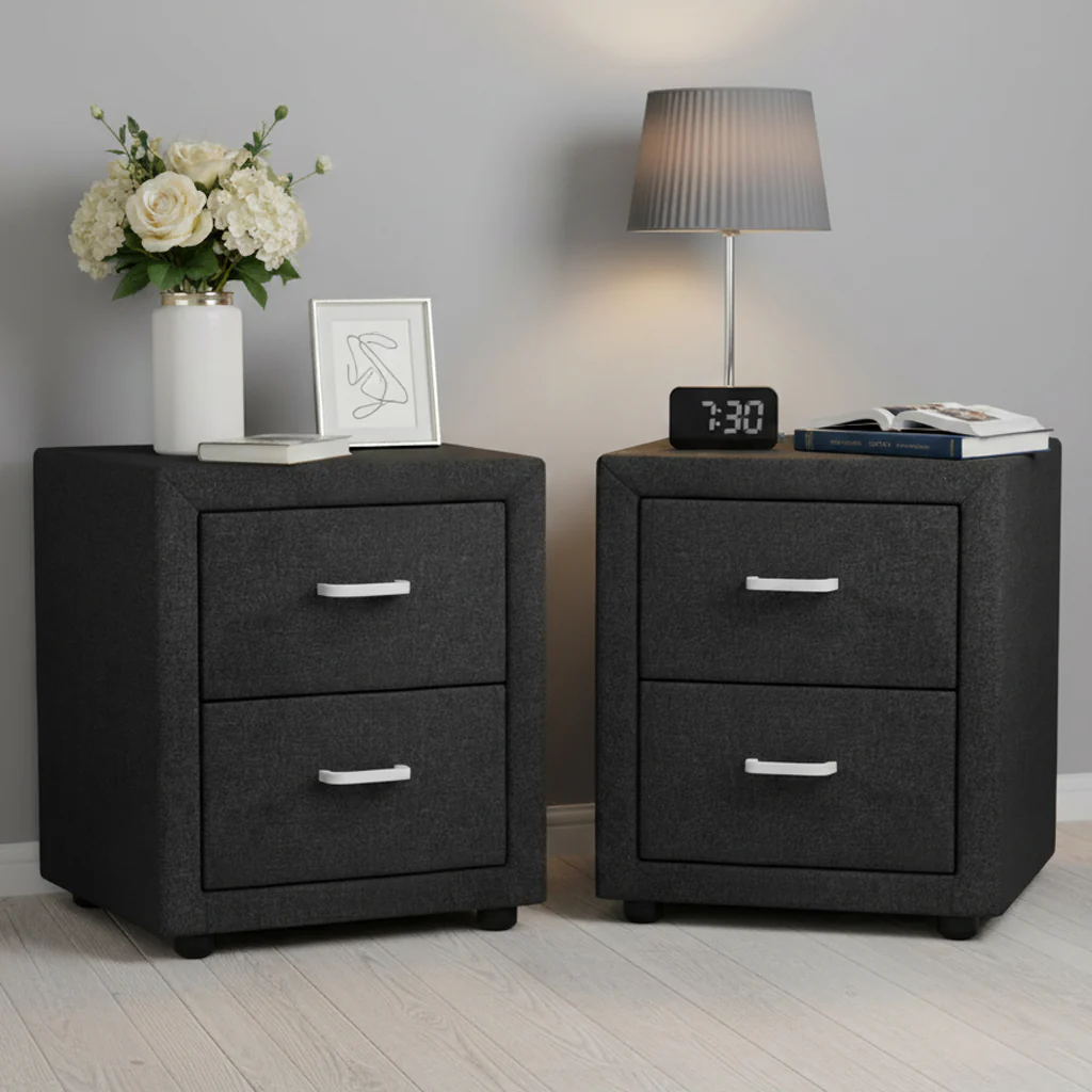 Artiss 2X Bedside Table 2 Drawers Fabric - CADEN Charcoal - Image 7