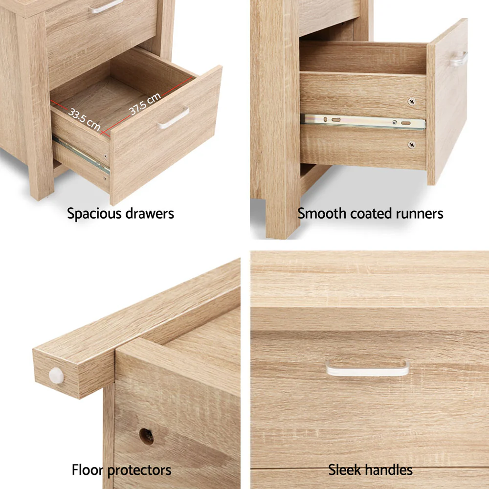 Artiss 2x Bedside Table 2 Drawers - MAXI Pine - Image 4
