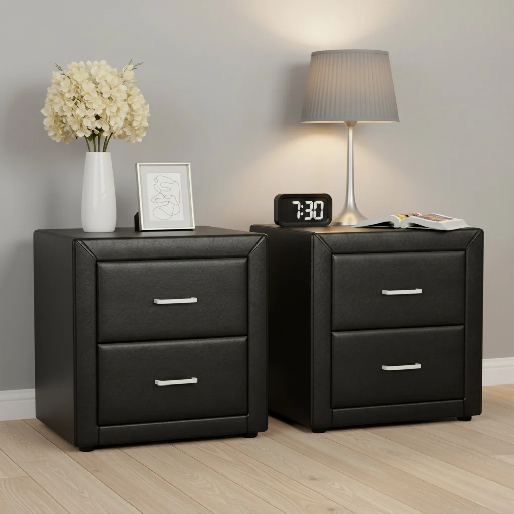 Artiss 2X Bedside Table 2 Drawers Side Table Leather - CADEN Black - Image 7