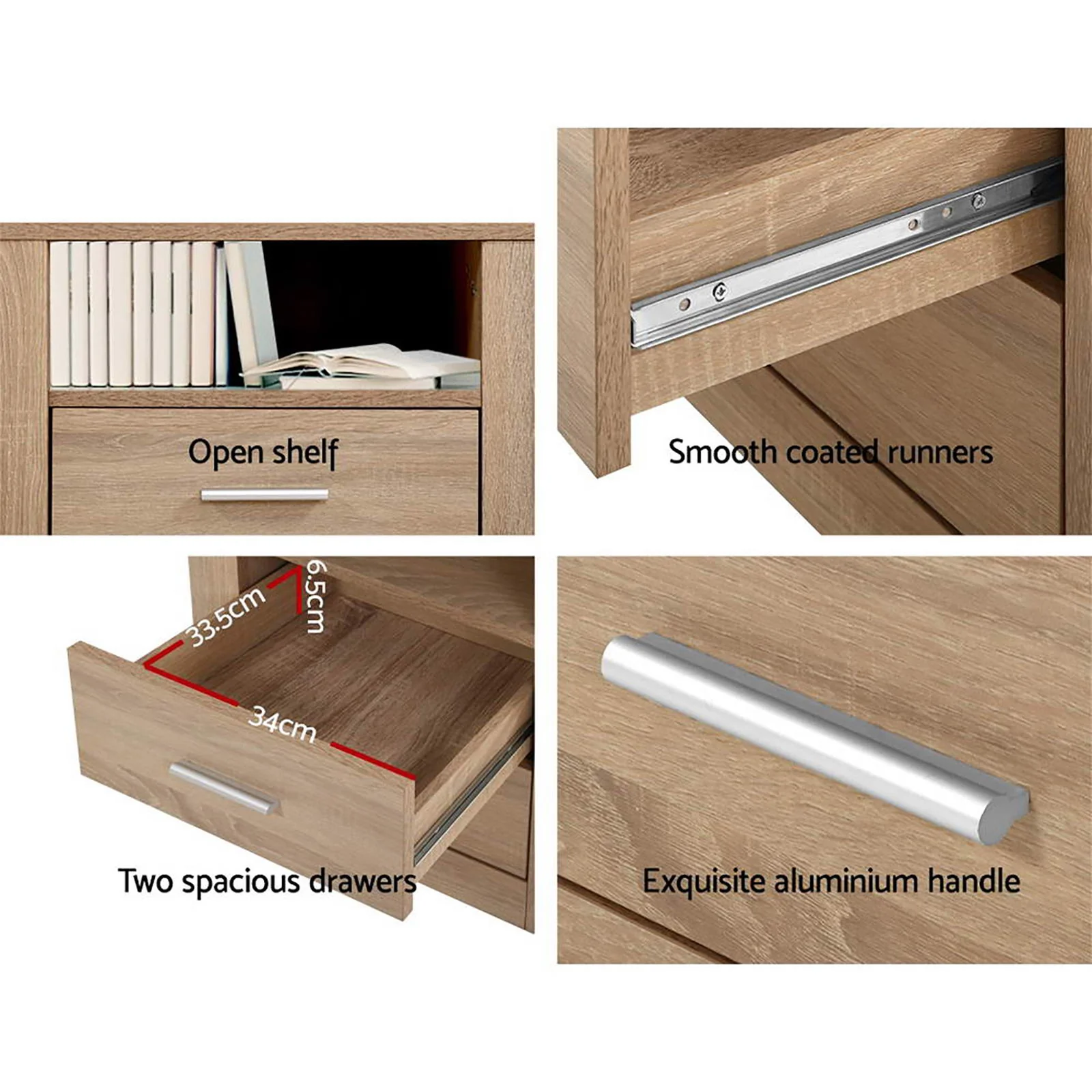 Artiss 2X Bedside Table 2 Drawers with Shelf - TARA Oak - Image 4