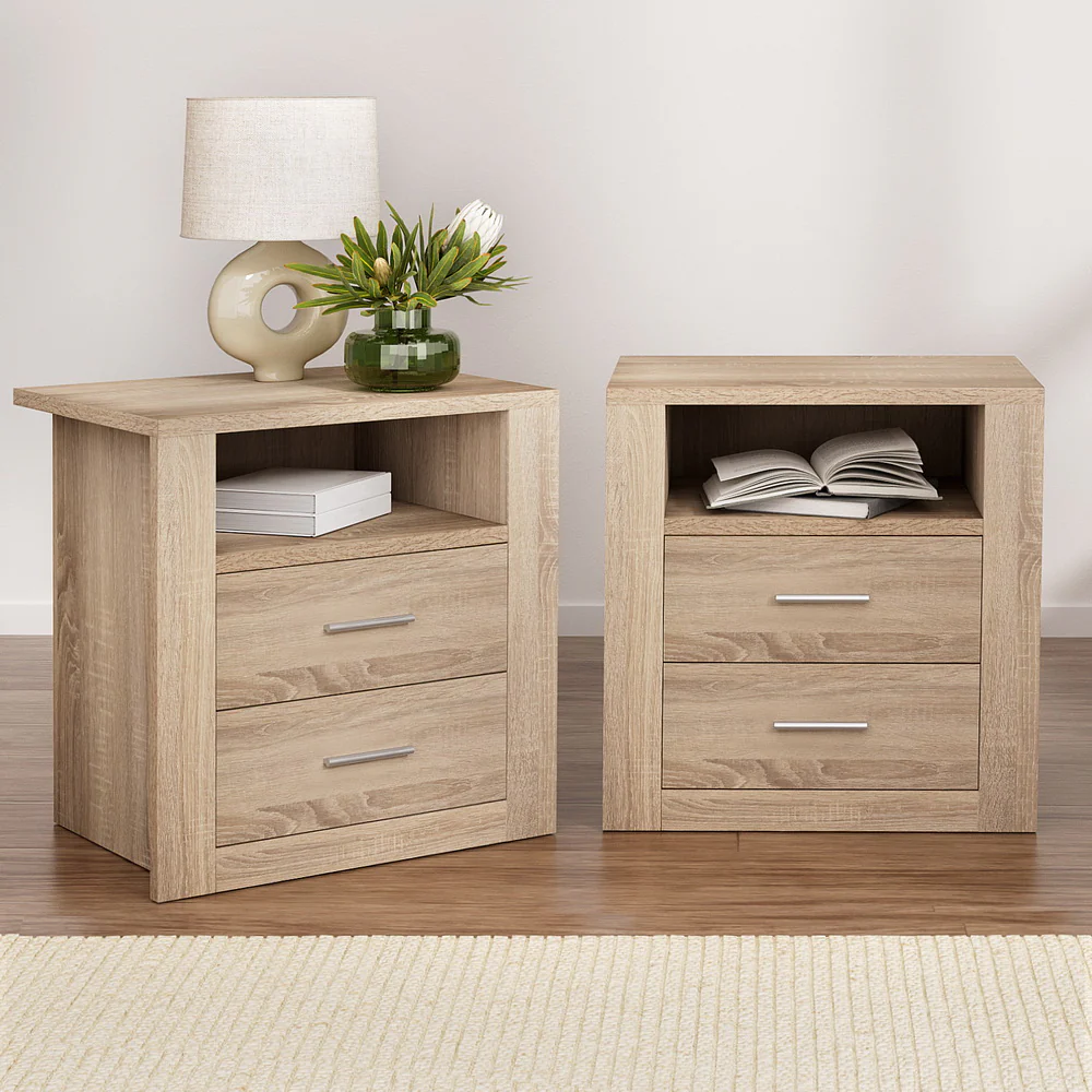 Artiss 2X Bedside Table 2 Drawers with Shelf - TARA Oak - Image 7