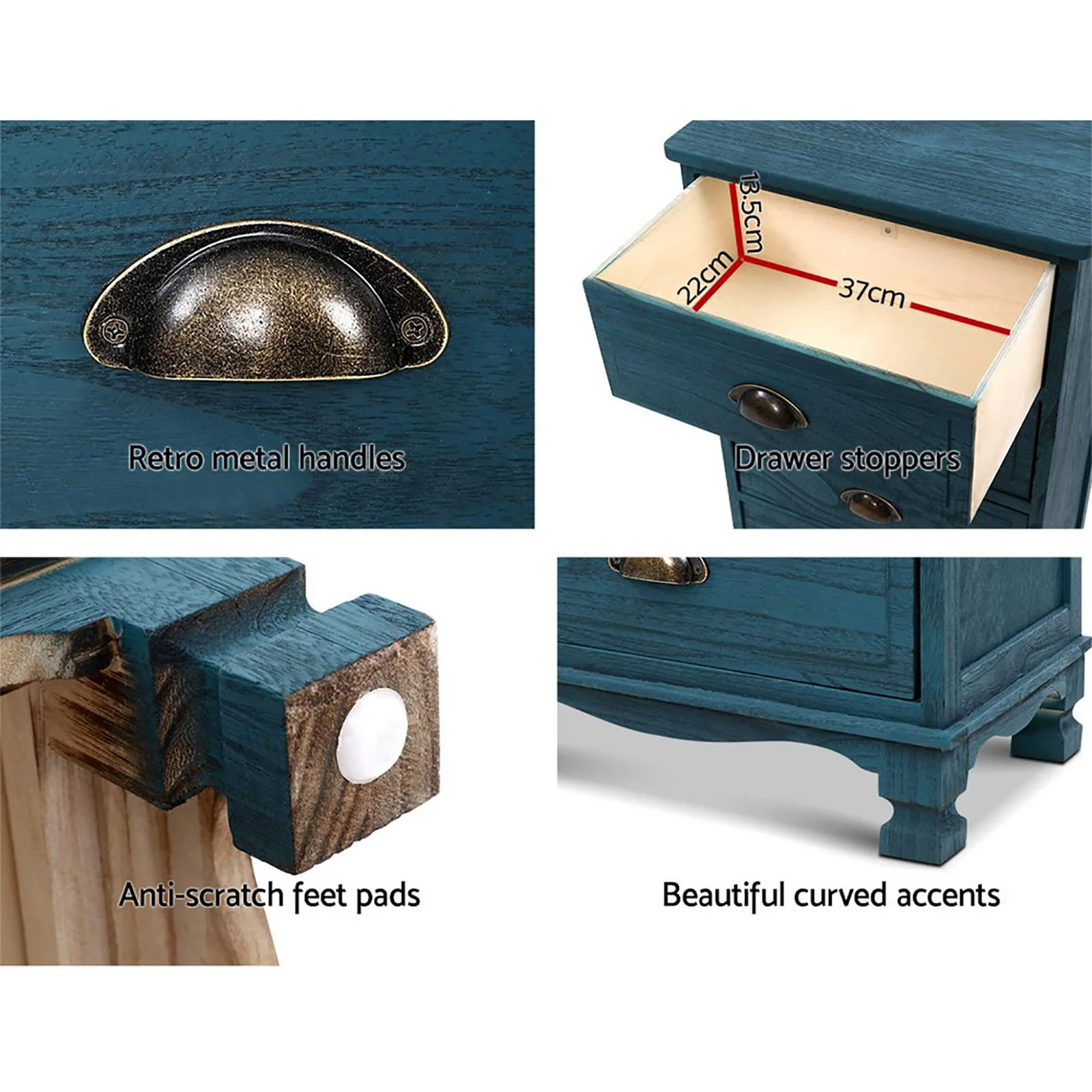 Artiss 2x Bedside Table 3 Drawers Vintage - THYME Blue - Image 6