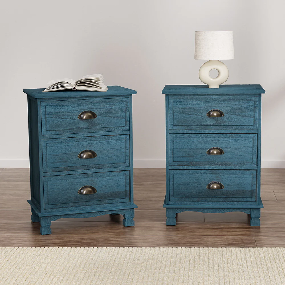 Artiss 2x Bedside Table 3 Drawers Vintage - THYME Blue - Image 7