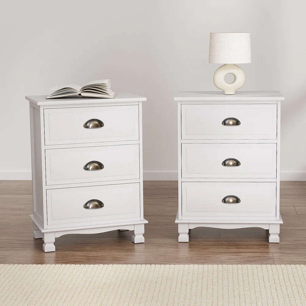 Artiss 2x Bedside Table 3 Drawers Vintage - THYME White - Image 7