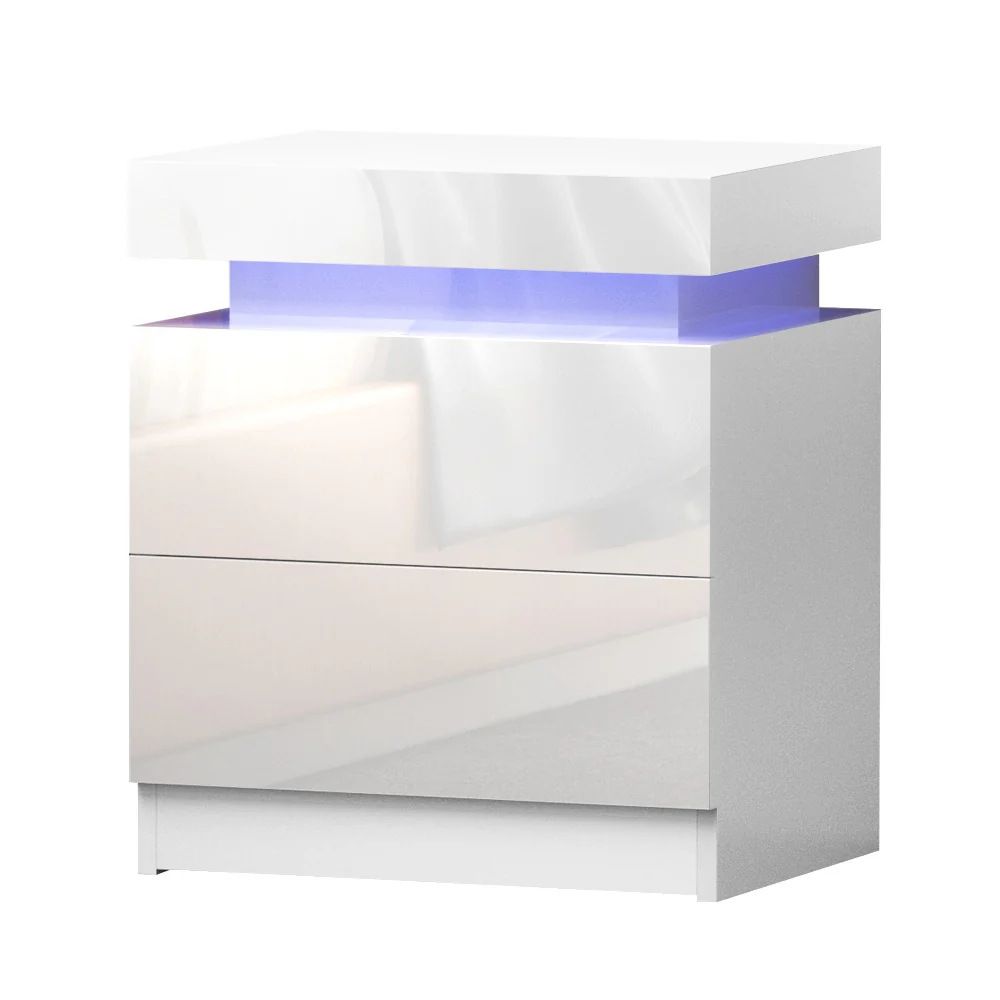 Artiss 2X Bedside Table LED 2 Drawers Lift-up Storage - COLEY White - Image 3