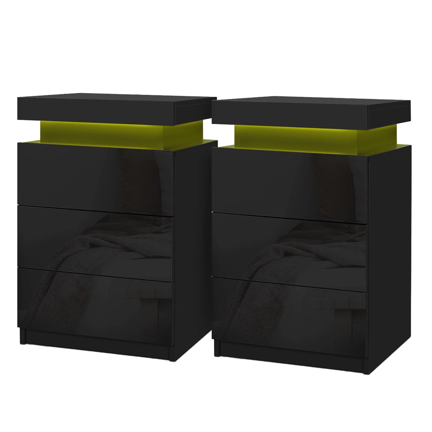 Artiss 2X Bedside Table LED 3 Drawers - COLEY Black - Image 2