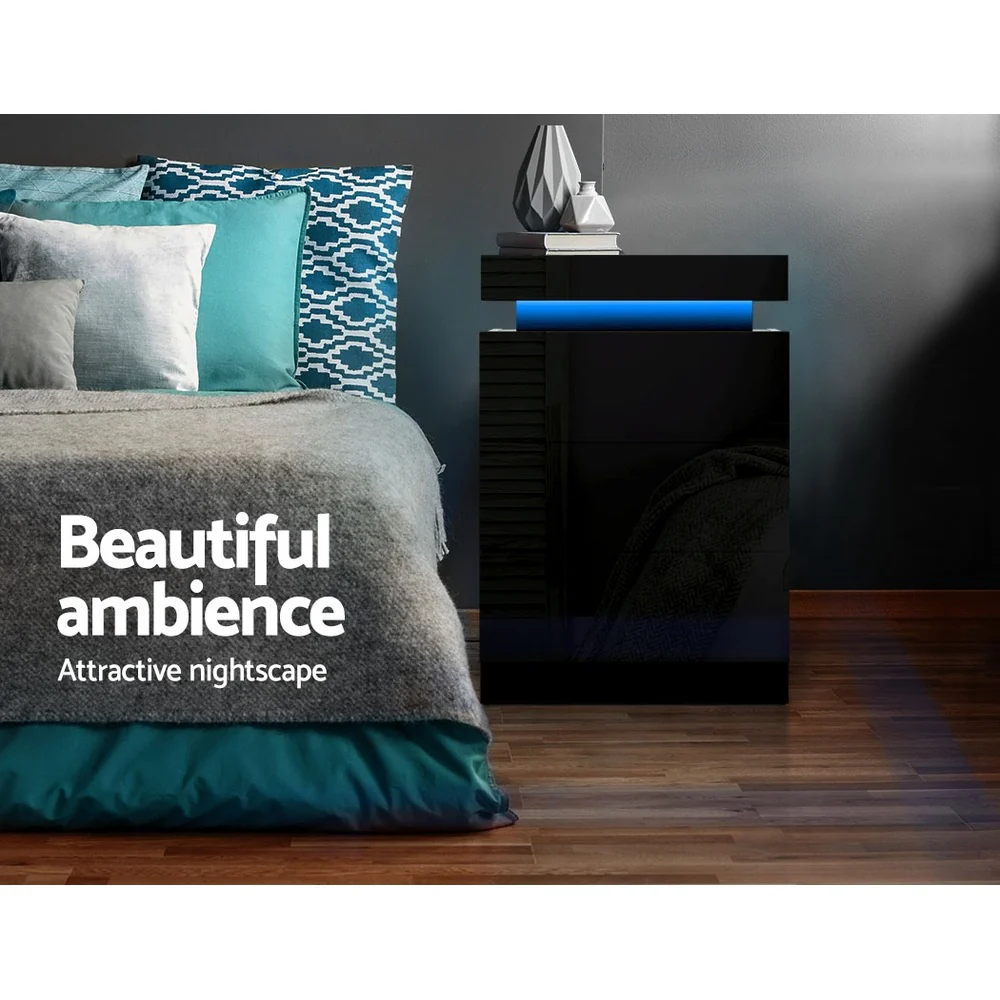 Artiss 2X Bedside Table LED 3 Drawers - COLEY Black - Image 7