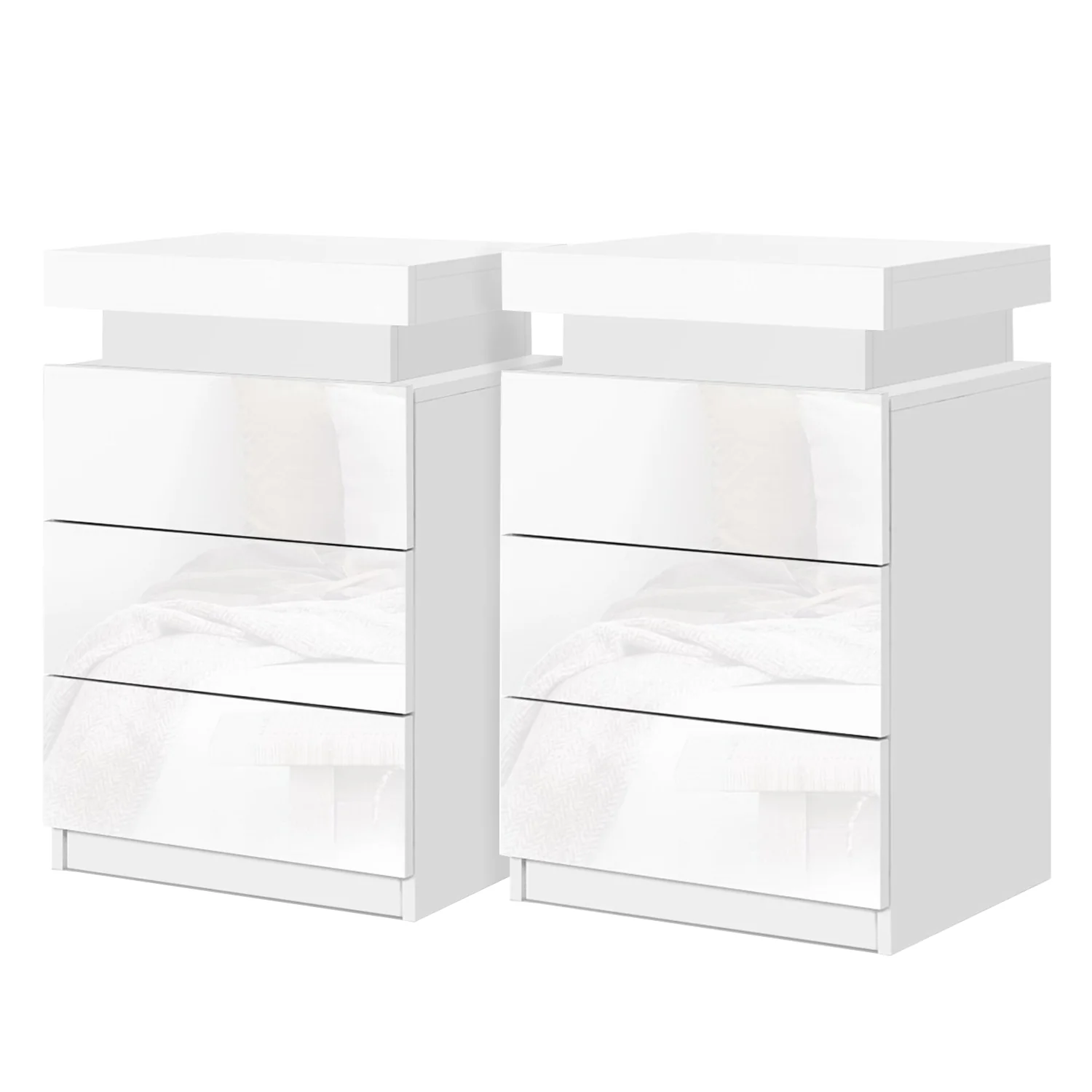 Artiss 2X Bedside Table LED 3 Drawers - COLEY White - Image 2