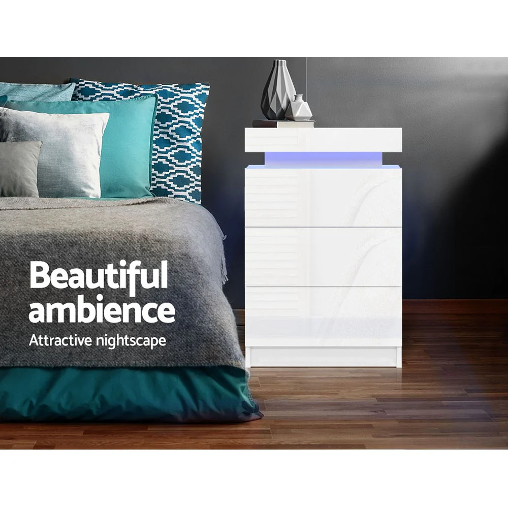 Artiss 2X Bedside Table LED 3 Drawers - COLEY White - Image 7