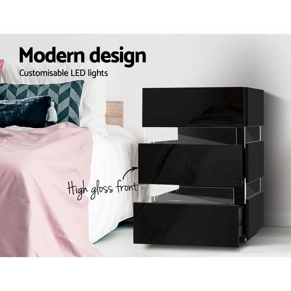 Artiss 2x Bedside Table LED 3 Drawers - LUMI Black - Image 7