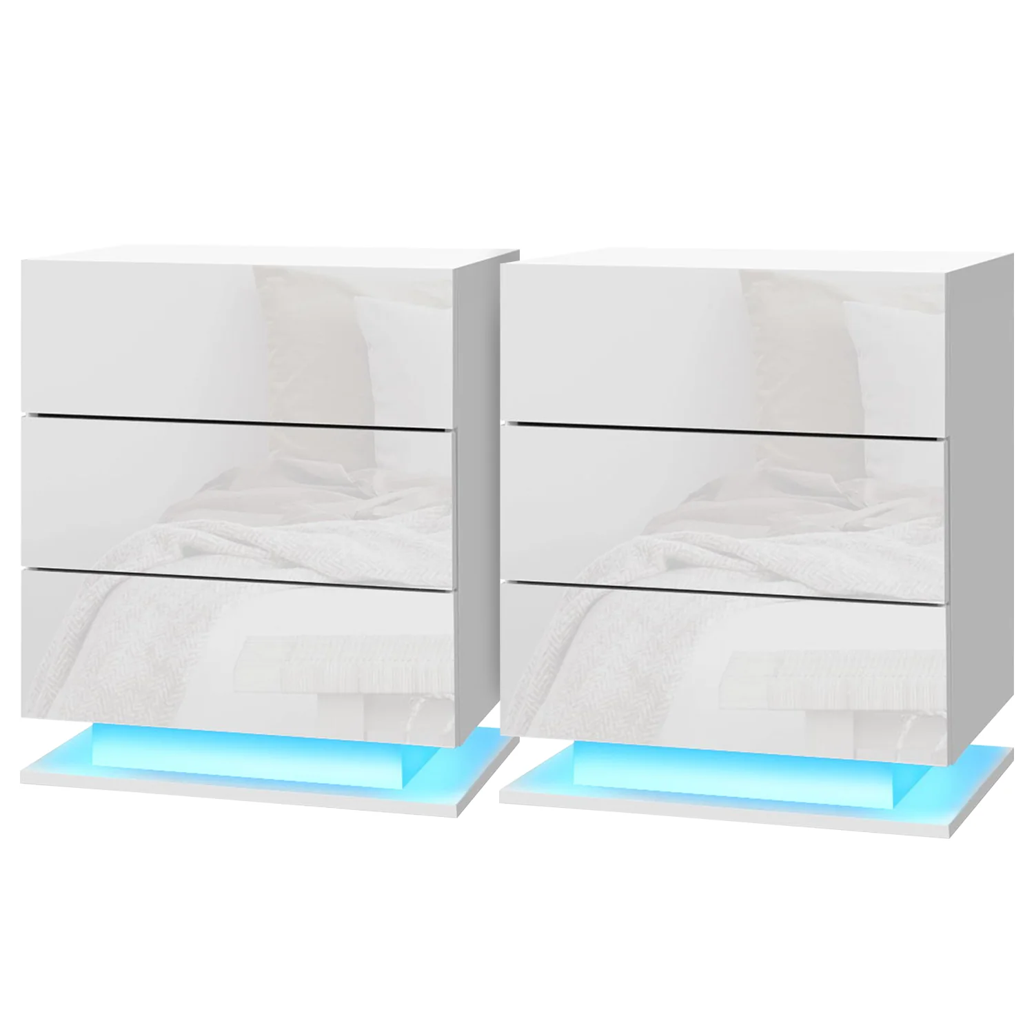 Artiss 2x Bedside Table LED 3 Drawers - MORI White - Image 2