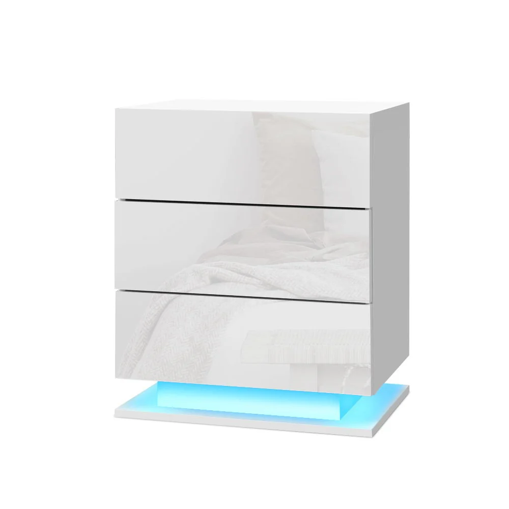 Artiss 2x Bedside Table LED 3 Drawers - MORI White - Image 3
