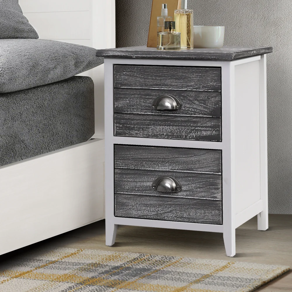 Artiss Bedside Table 2 Drawers Vintage X2 - THYME Grey - Image 8