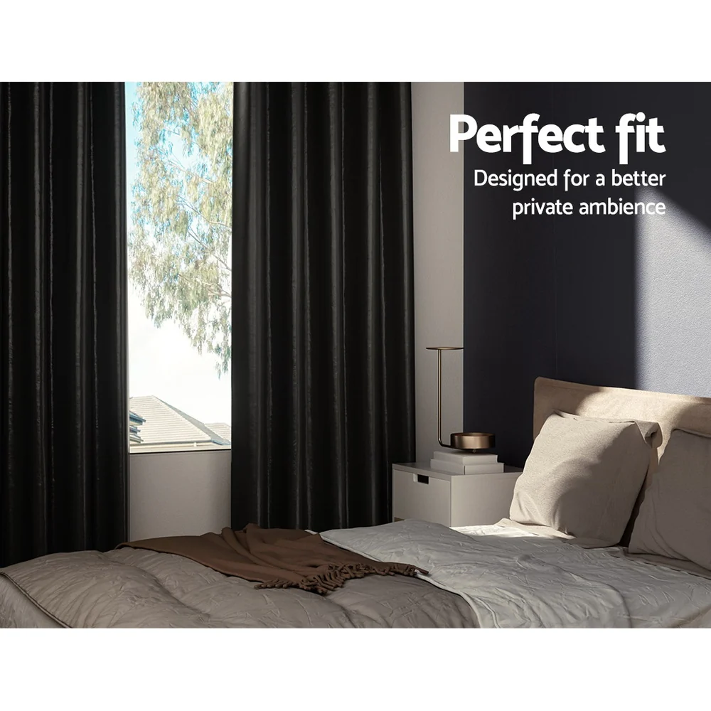 Artiss 2X Blockout Curtains Eyelet 300x230cm Black Shine - Image 3