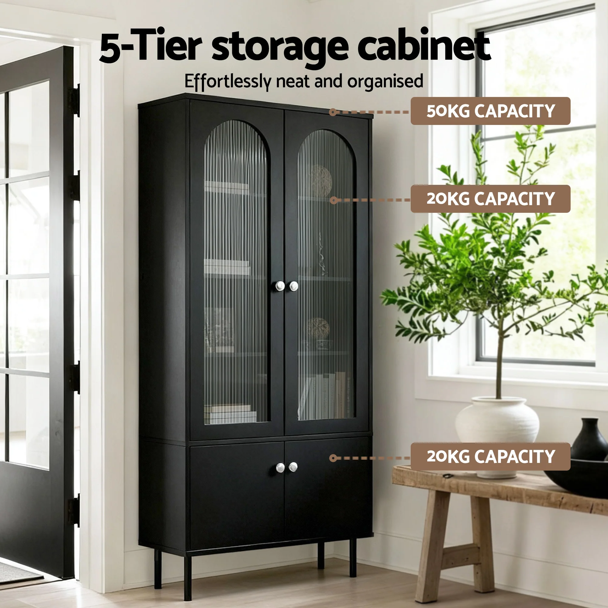 Artiss 2x Buffet Sideboard Cabinet Pantry 5-Tier Storage Cupboard Fluted Black - Image 5