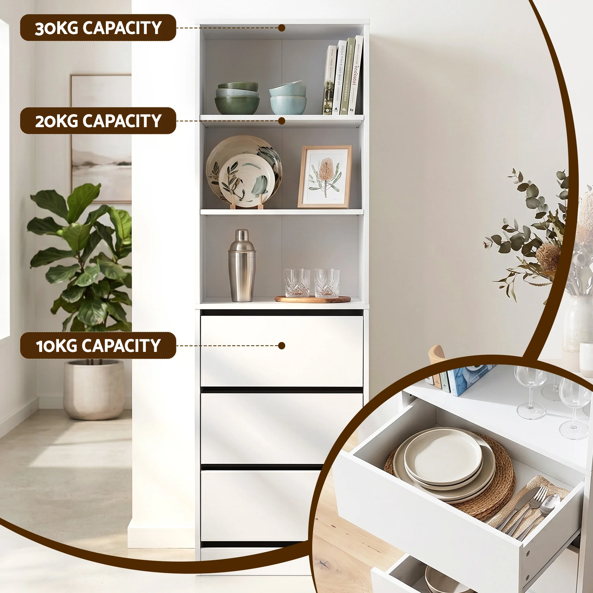 Artiss 2x Chest of 3 Drawers Tallboy Cabinet White - Image 6