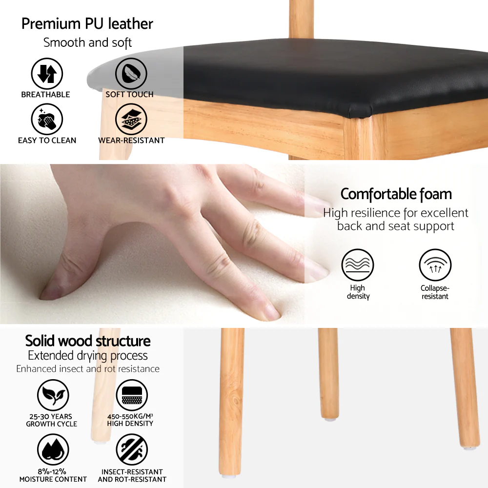 Artiss 2x Dining Chairs Rubber Wood Leather Seat Black - Image 5