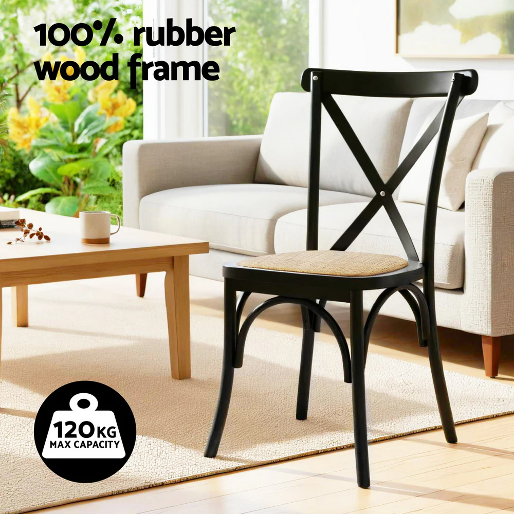 Artiss 2x Dining Chairs Rubber Wood Rattan Seat Kitchen Accent Chair Cafe Lounge - Image 4