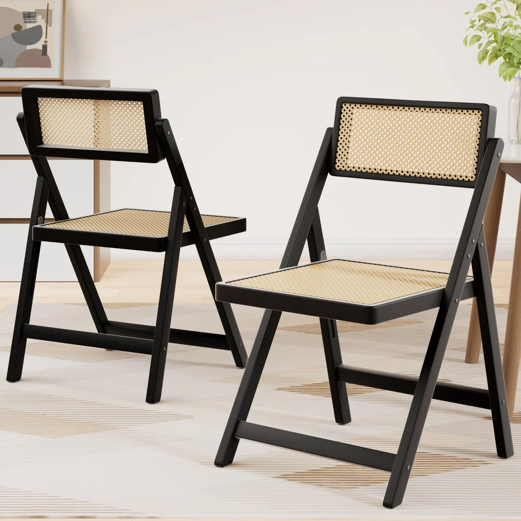 Artiss 2x Dining Chairs Wooden Rattan Foldable Black - Image 7