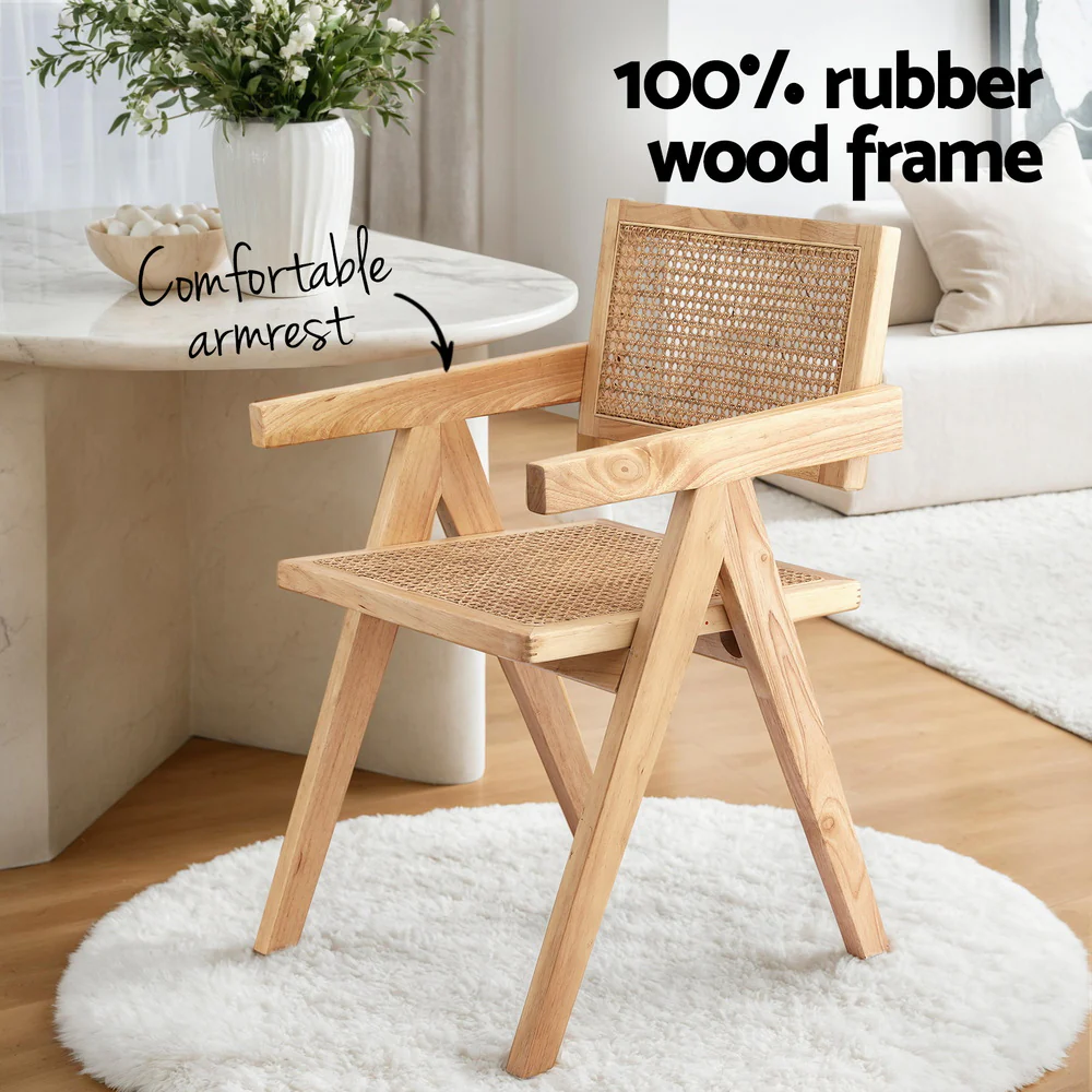 Artiss 2x Dining Chairs Wooden Rattan Seat Rubber Wood Frame - Image 4