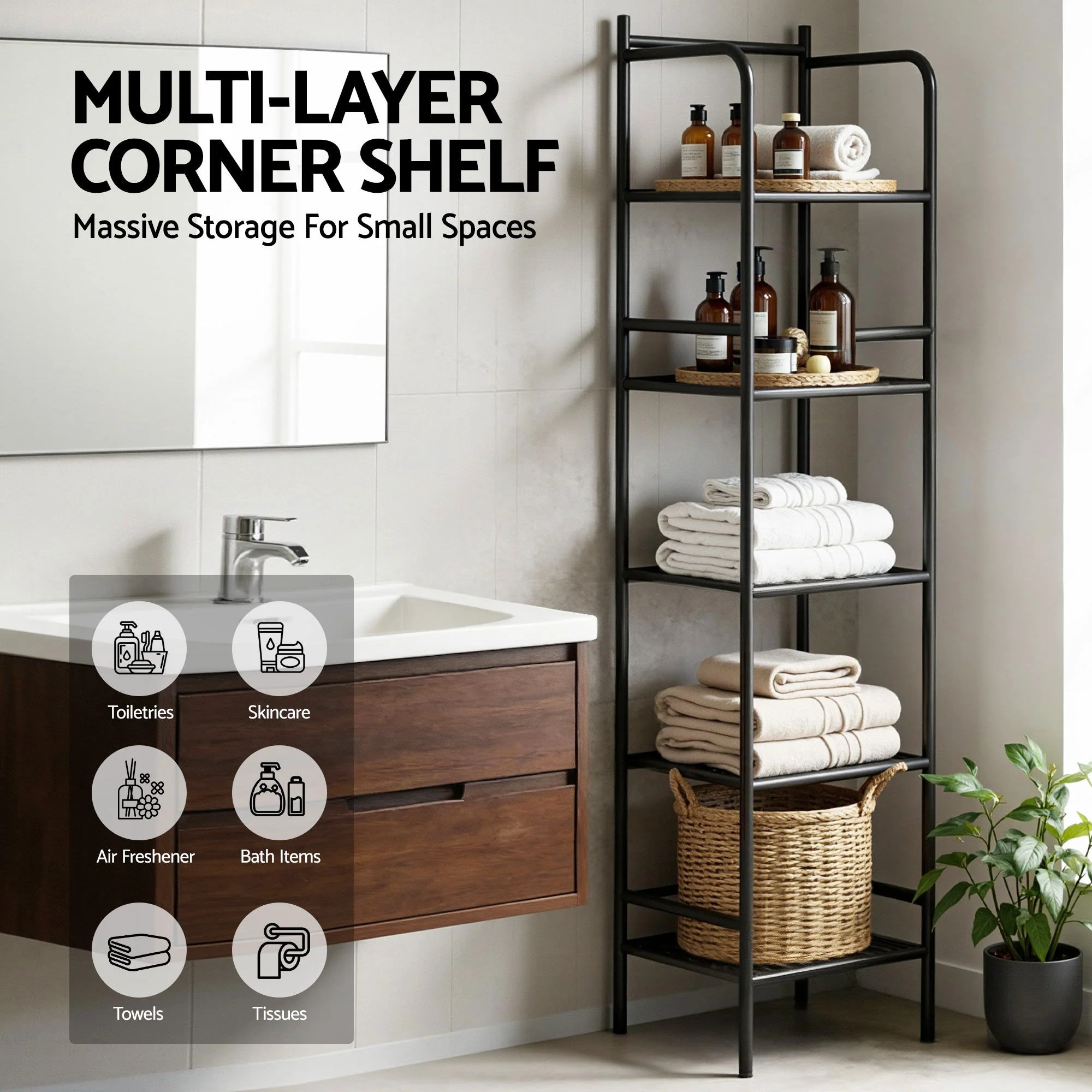 Artiss 2X Floor Standing Corner Shower Caddy 5 Tier Bathroom Organizer Black - Image 5