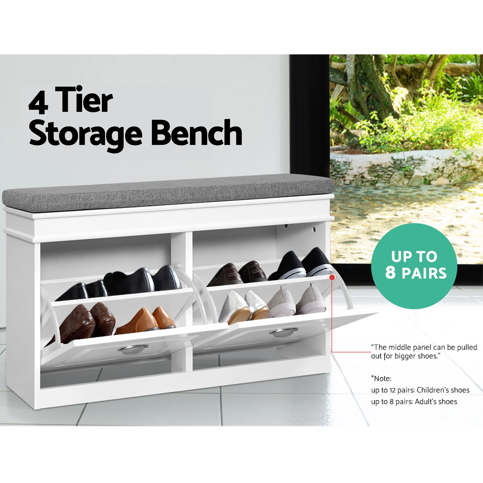 Artiss 2x Shoe Bench Set Flip Drawer White - Image 6