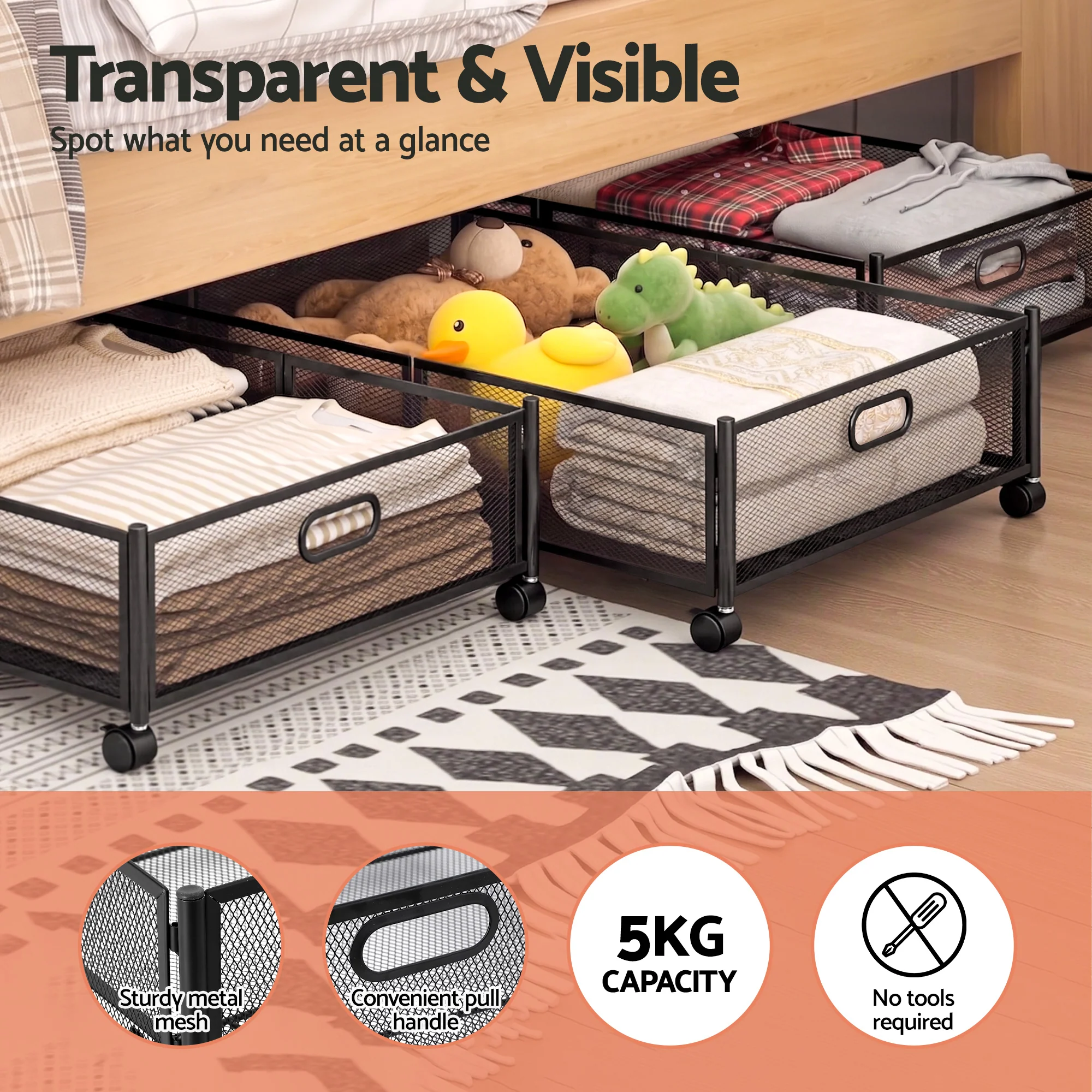 Artiss 2X Under Bed Storage Containers Metal Boxes Quilt Organiser with Wheels - Image 5