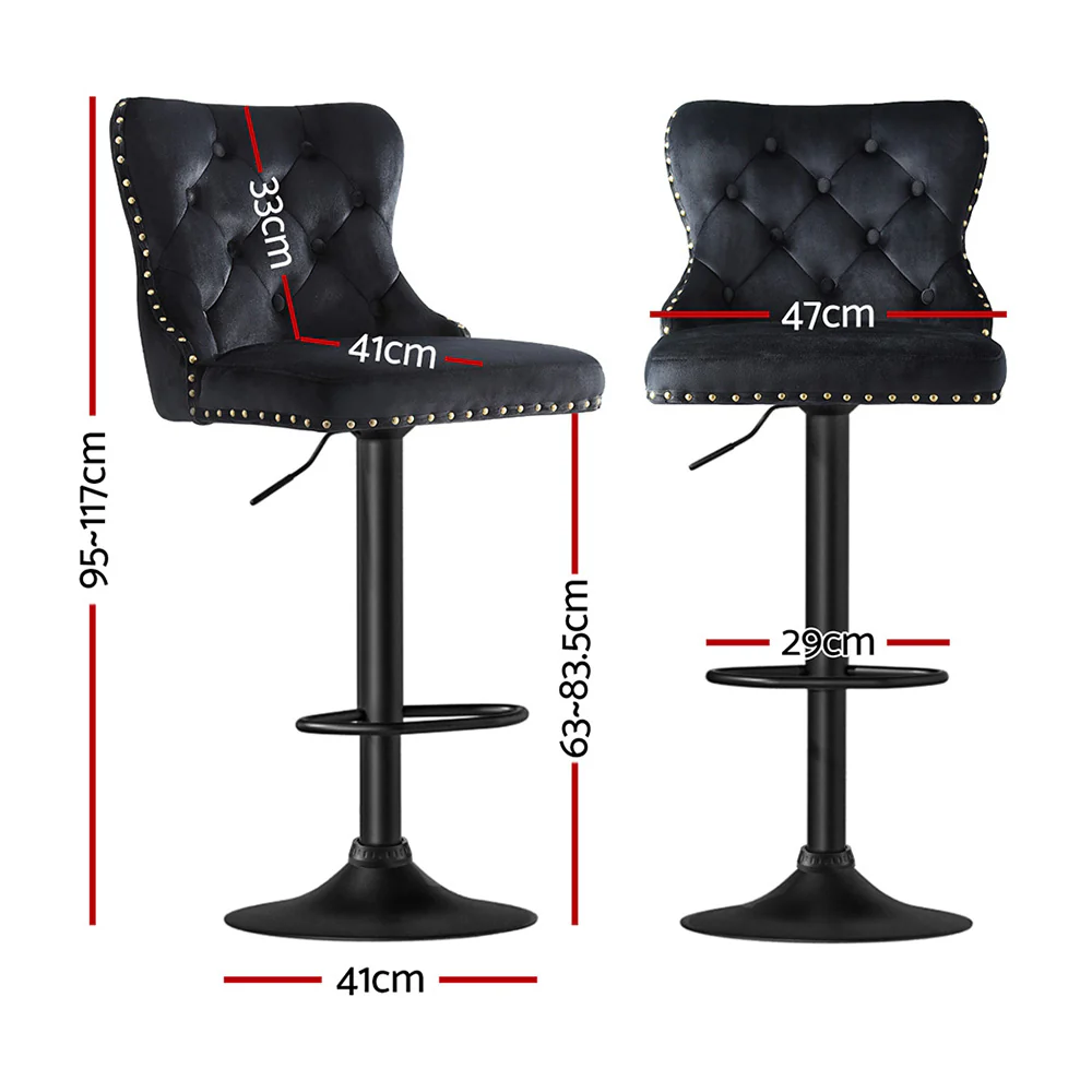 Artiss 2x Velvet Bar Stool Adjustable Height Nailhead Trim Kitchen Counter Stool - Image 2
