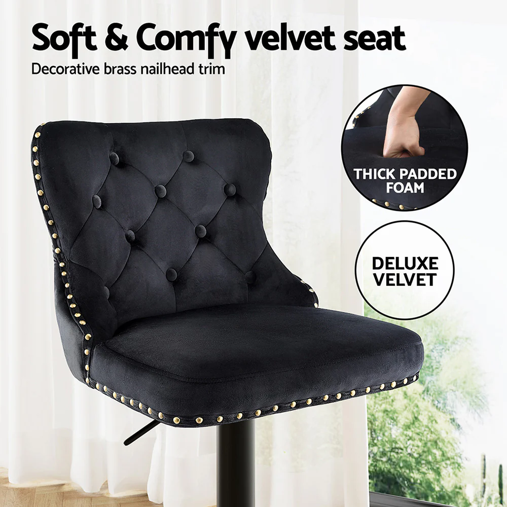 Artiss 2x Velvet Bar Stool Adjustable Height Nailhead Trim Kitchen Counter Stool - Image 5