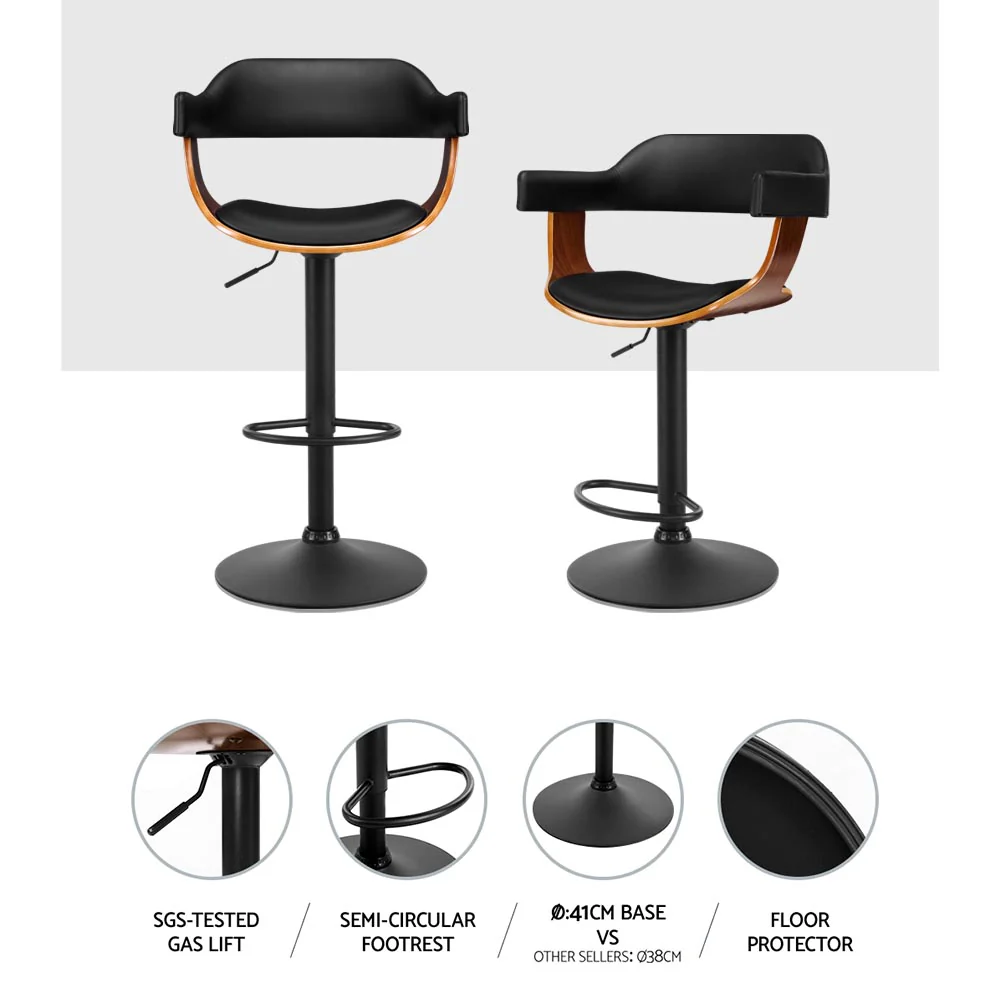 Artiss 2x Bar Stools Gas Lift Leather w/Armrest All Black - Image 6