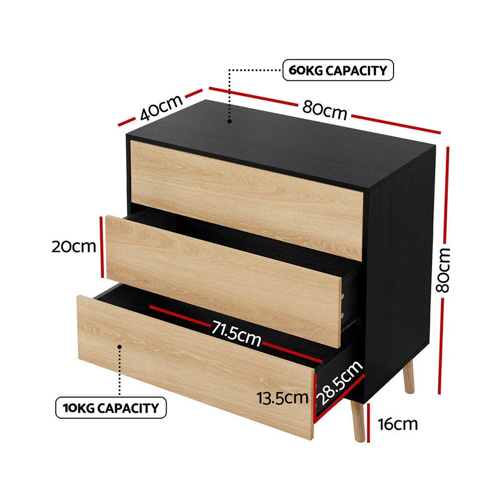Artiss 3 Chest of Drawers Dresser Table Black&Pine - Image 2