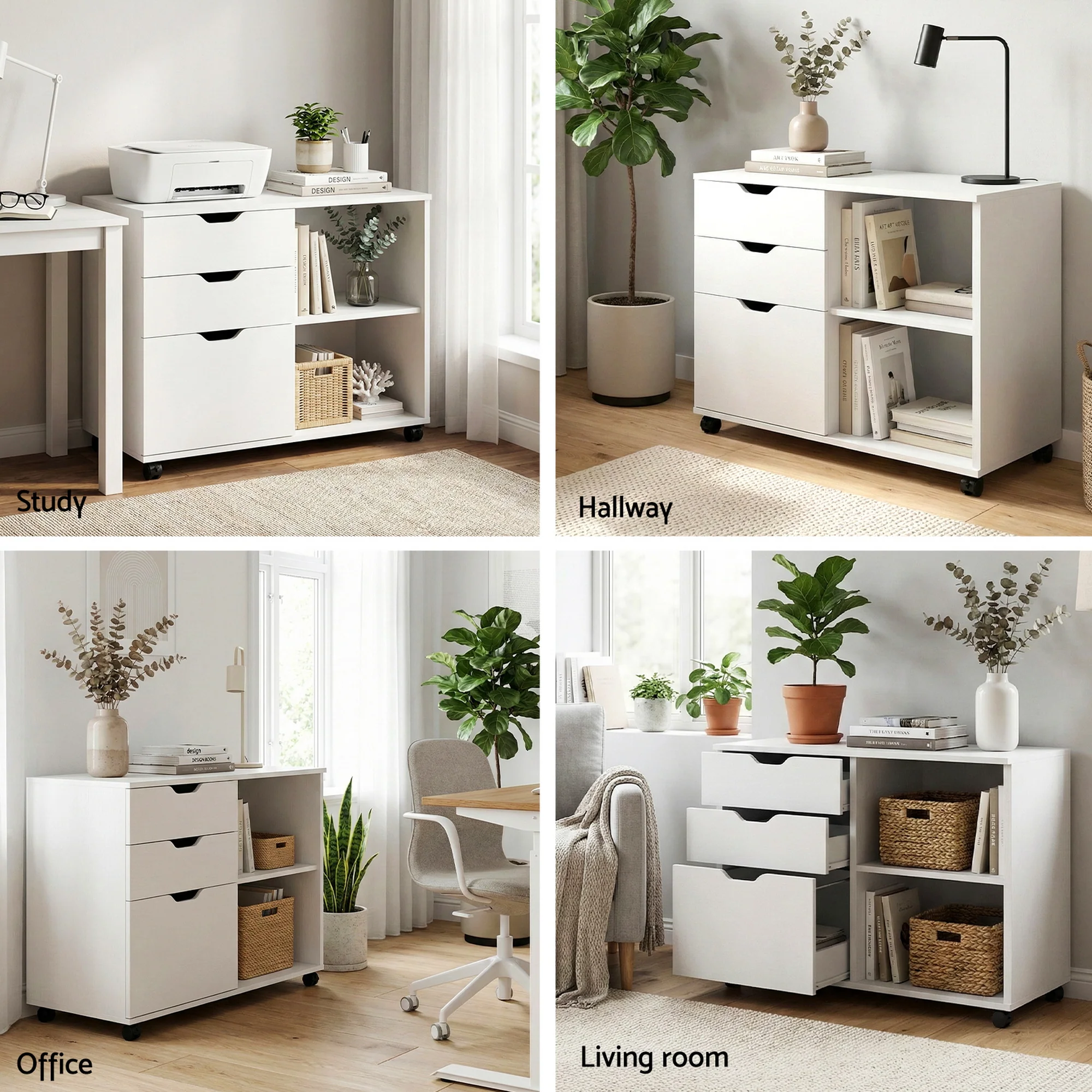 Artiss 3 Drawer Mobile Filing Cabinet Printer Stand Cabinet Home Office Storage White - Image 8