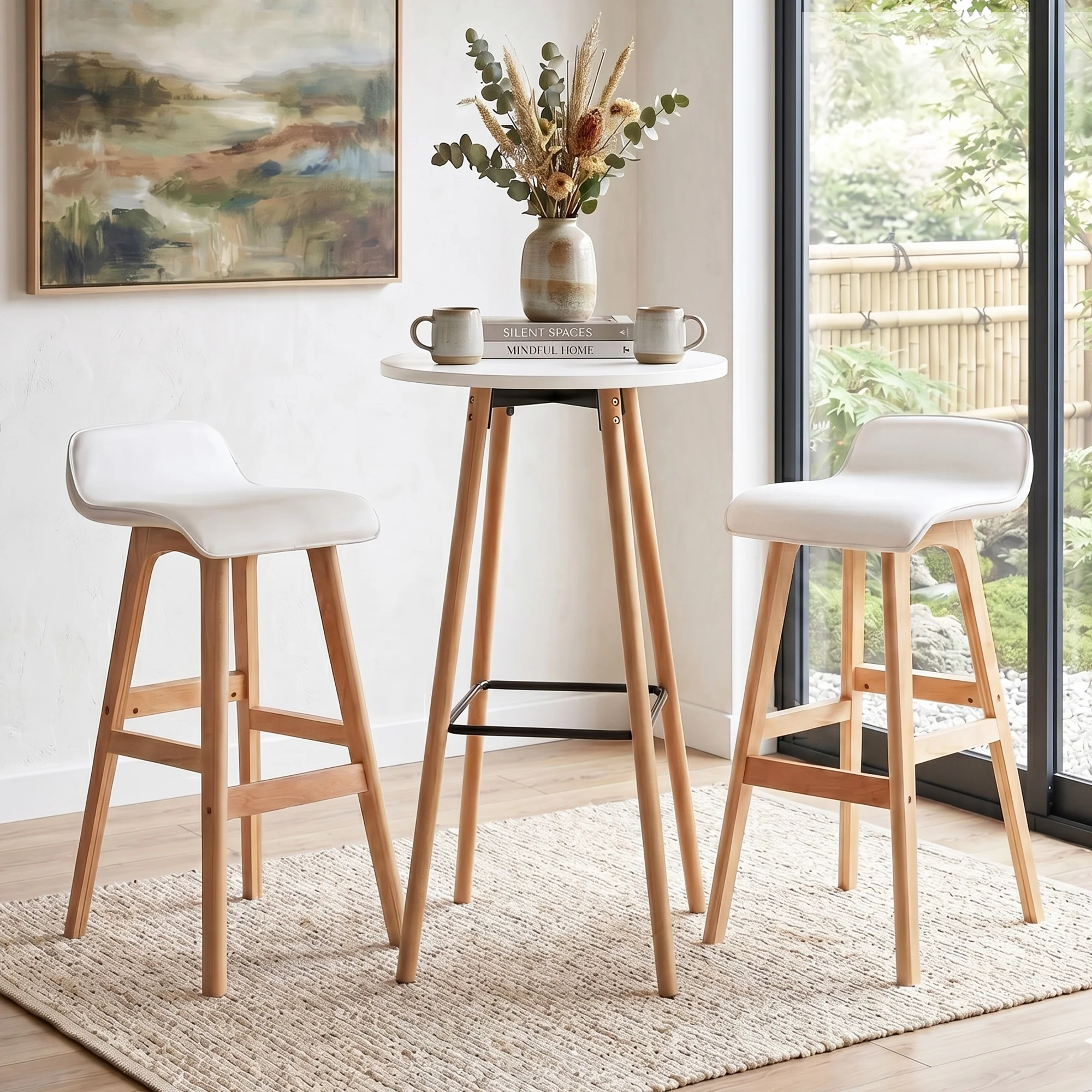 Artiss 3 Pcs Bar Table and Stools Set with Cushioned Stools Round Wooden Pub Dining Table