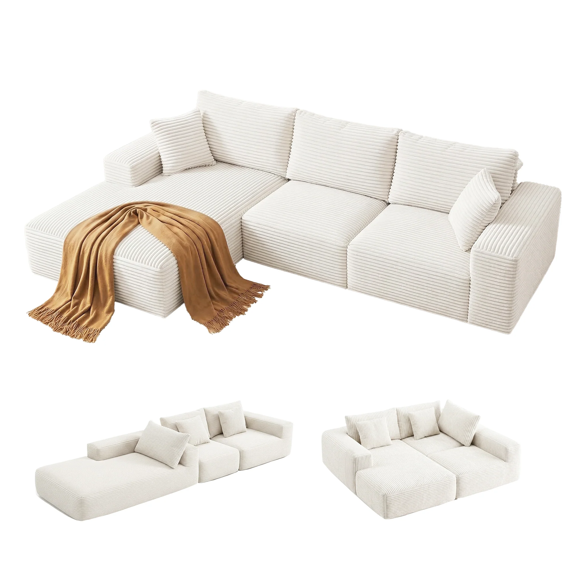 Artiss 3 Seater Modular Sofa Bed Sectional Boneless Couches for Living Room Corduroy Compressed Sofa White - Image 2
