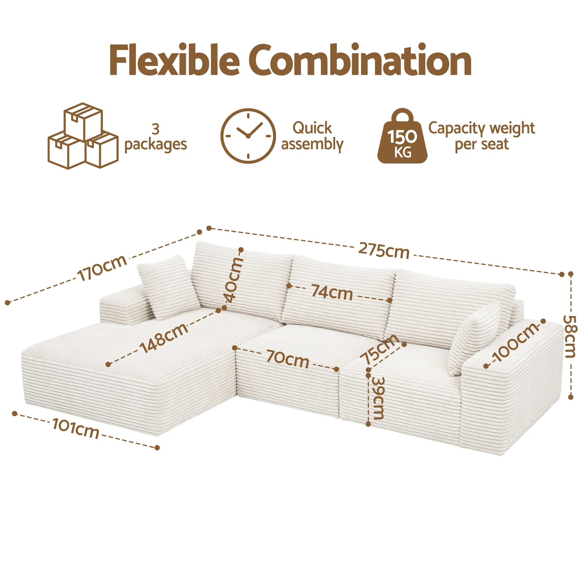 Artiss 3 Seater Modular Sofa Bed Sectional Boneless Couches for Living Room Corduroy Compressed Sofa White - Image 3