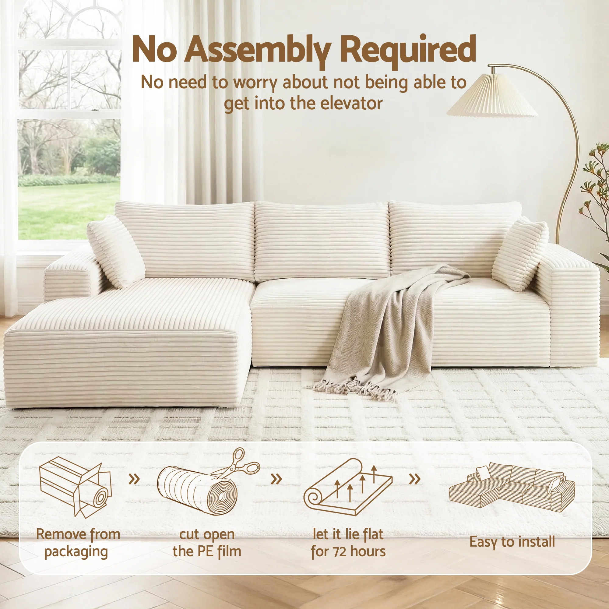 Artiss 3 Seater Modular Sofa Bed Sectional Boneless Couches for Living Room Corduroy Compressed Sofa White - Image 5