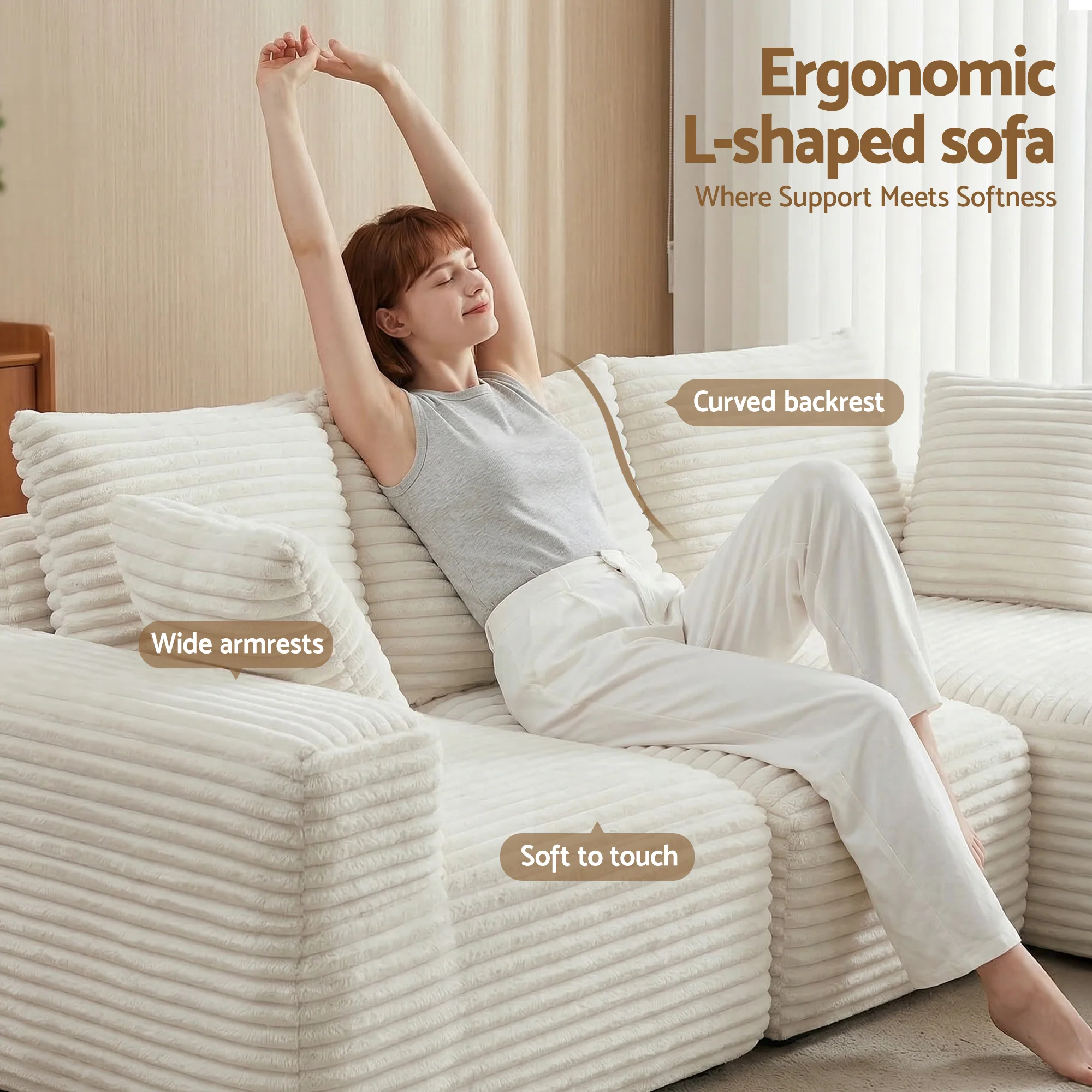 Artiss 3 Seater Modular Sofa Bed Sectional Boneless Couches for Living Room Corduroy Compressed Sofa White - Image 7
