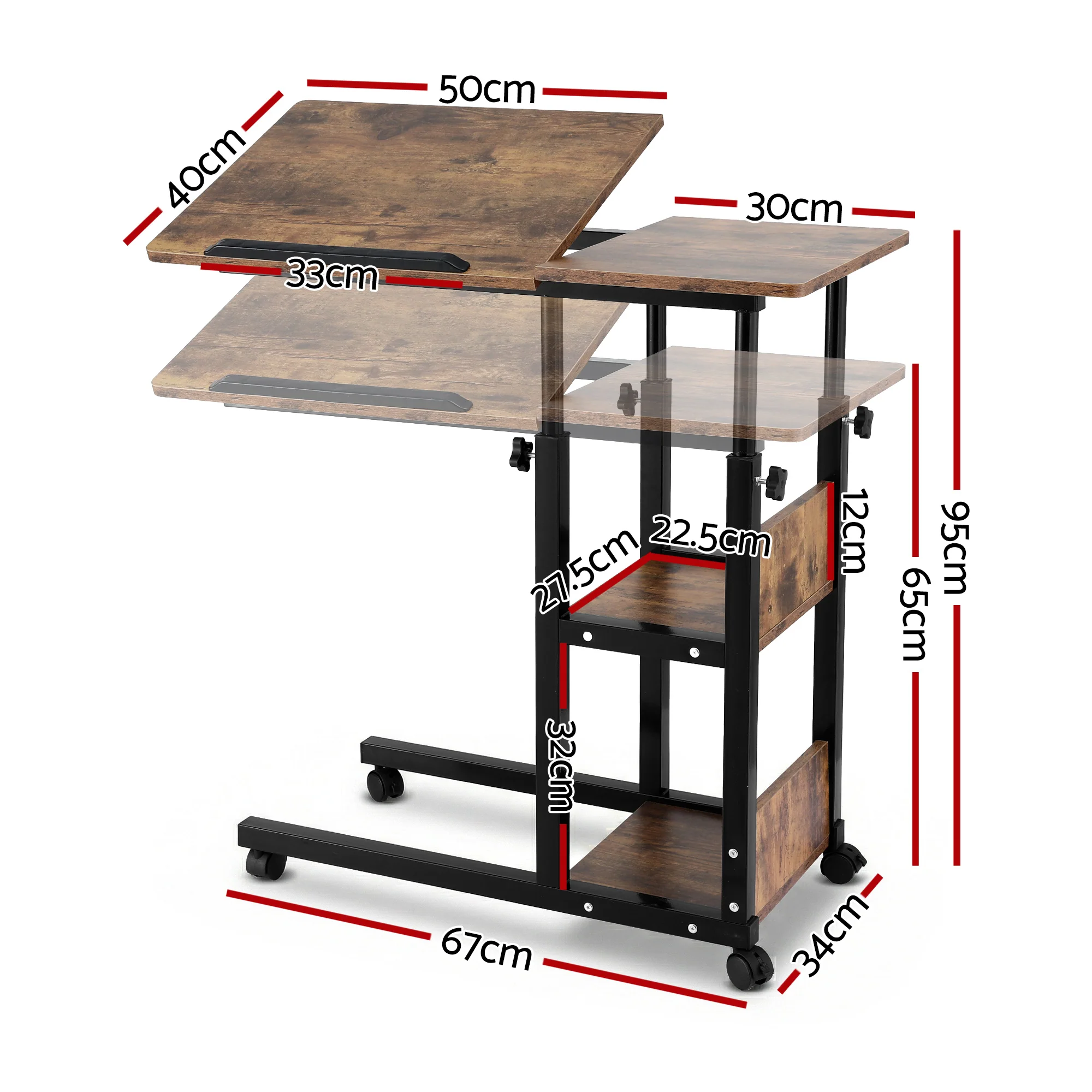 Artiss 3 Tier Adjustable Laptop Desk Tiltable Mobile Side Table Wheels - Image 3