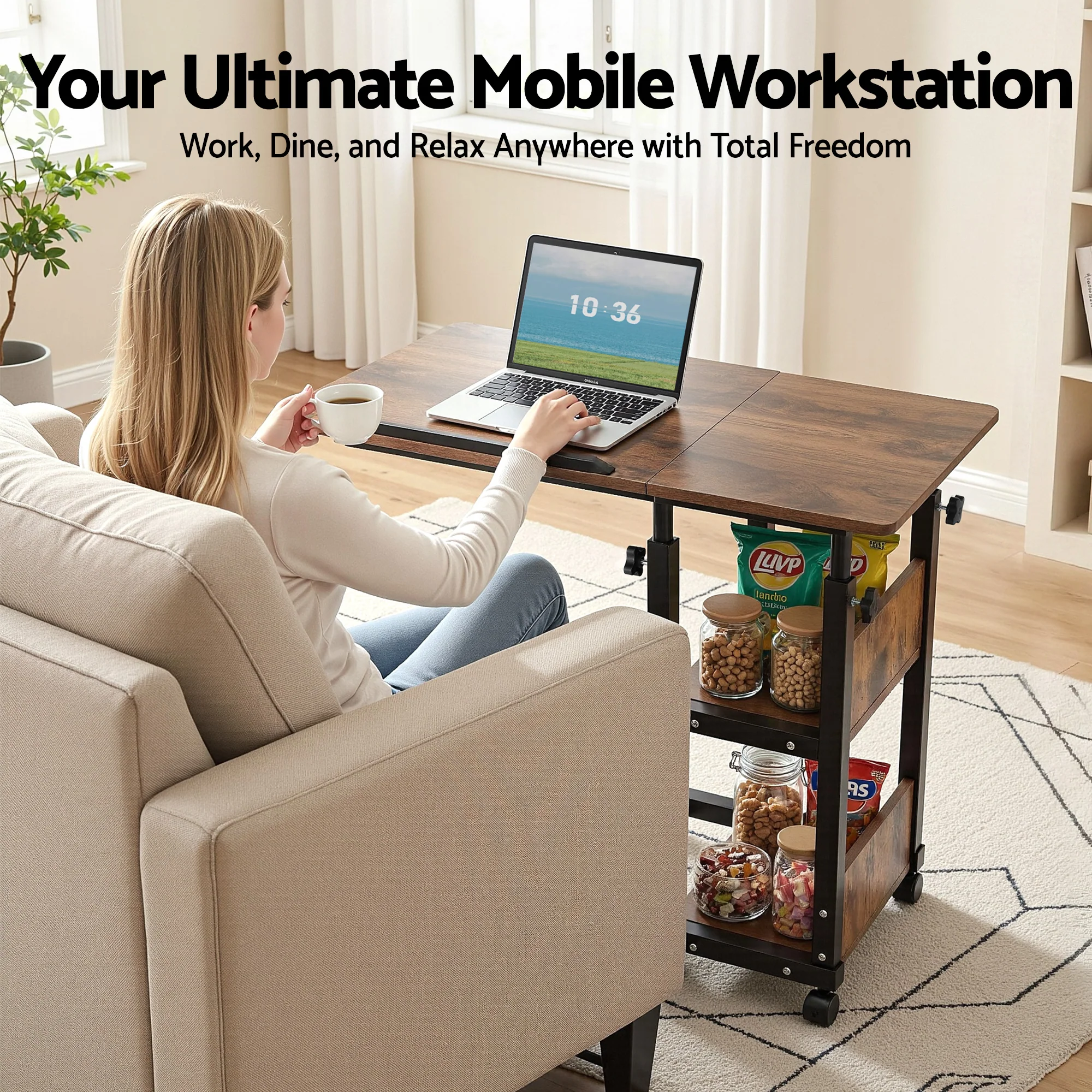 Artiss 3 Tier Adjustable Laptop Desk Tiltable Mobile Side Table Wheels - Image 5