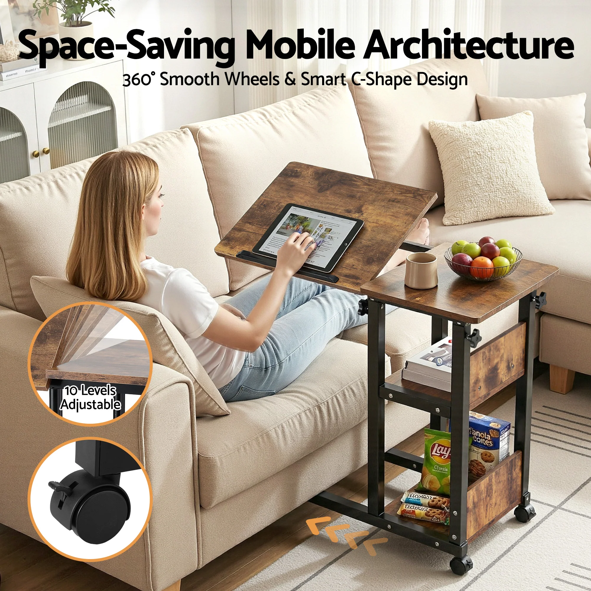 Artiss 3 Tier Adjustable Laptop Desk Tiltable Mobile Side Table Wheels - Image 7