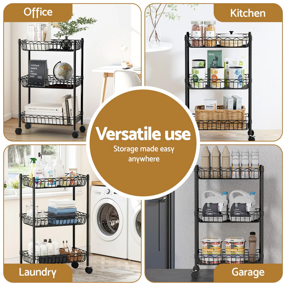 Artiss 3-Tier Shelving Unit Adjustable Garage Storage Kitchen Rack With Wheels - Image 4