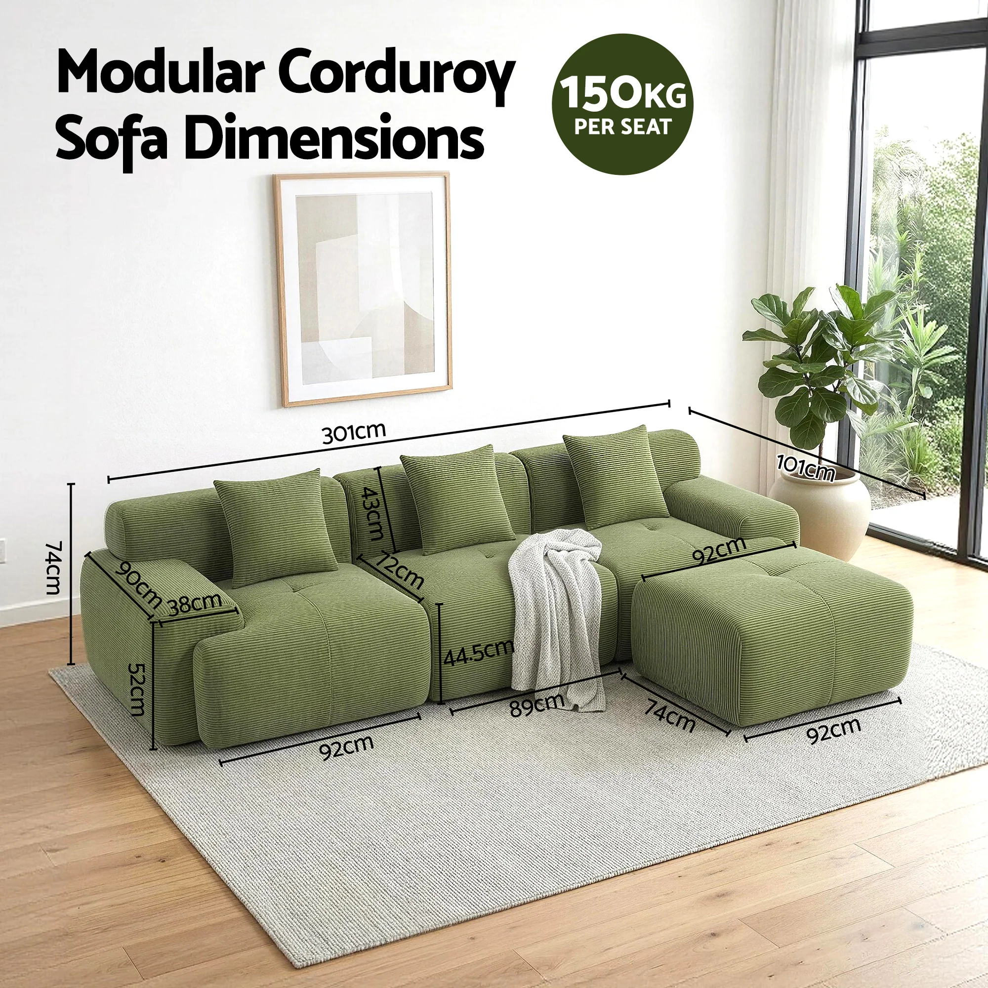Artiss 300cm Modular Sofa Bed Comfort L-Shaped Sectional Boneless Couch Green - Image 3