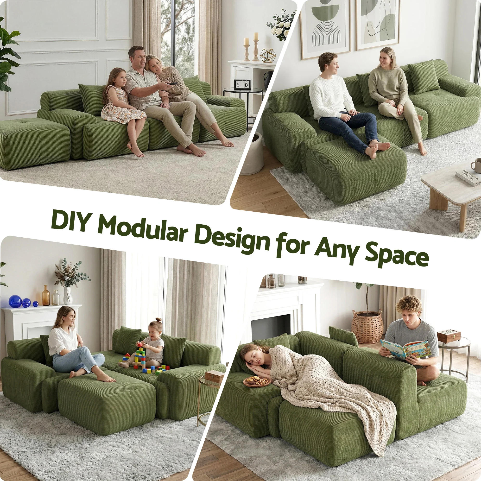 Artiss 300cm Modular Sofa Bed Comfort L-Shaped Sectional Boneless Couch Green - Image 5