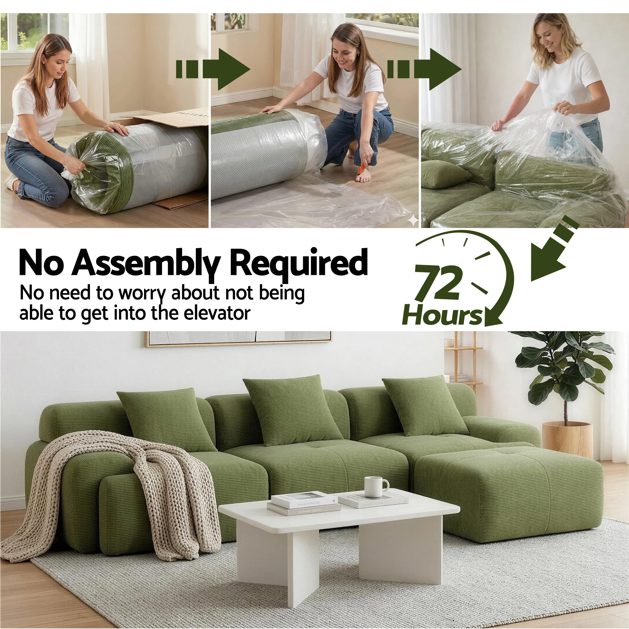 Artiss 300cm Modular Sofa Bed Comfort L-Shaped Sectional Boneless Couch Green - Image 7